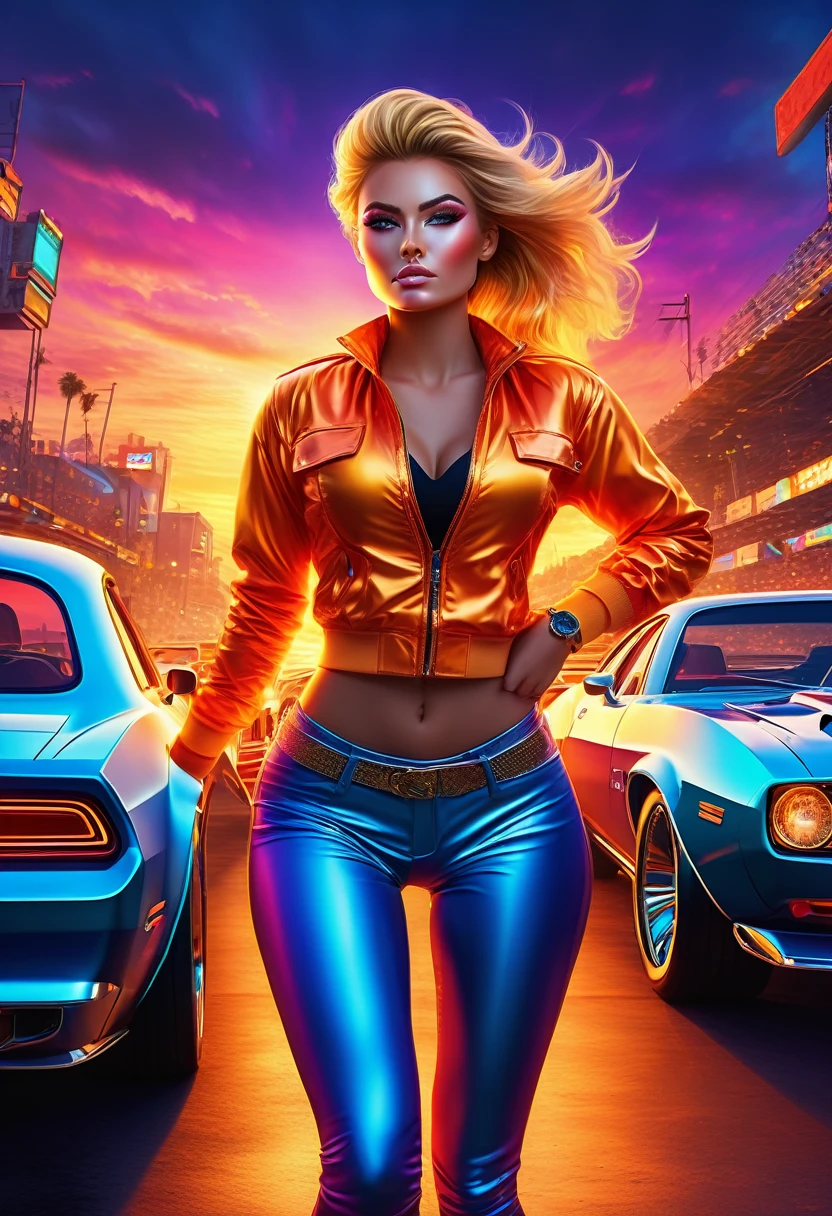 A young woman wearing (tight, fitted, snug) high cut booty shorts and cropped shirts stands between two (powerful, sleek) Muscle Cars to start a race, engine roaring, in the backdrop of a vibrant Sunset. (Best quality, 4k, highres, masterpiece:1.2), ultra-detailed, (realistic, photorealistic, photo-realistic:1.37) prompt, with (HDR, UHD) quality and (studio lighting, sharp focus), high ponytail, copper-blonde hair, large breasts, bright light, perfect eyes, skin blemish, detailed skin, full person, blacklight makeup,ambr1
