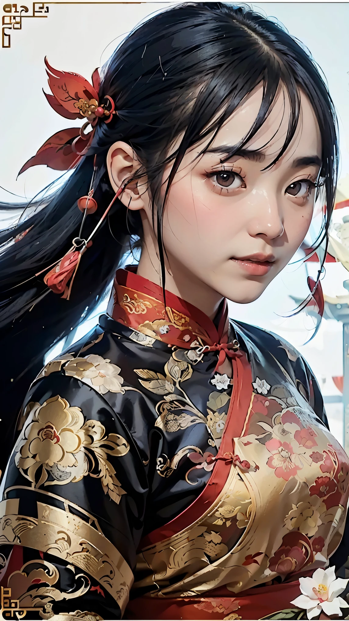 1 名女孩, 女士, 英俊的, 墨水, 中国铠甲, ((2.5D)), 黑发, 飘逸的头发, 精致的眼睛, 黑色和红色的古董锦缎汉服, 视野, (f1.8), (杰作), (肖像照), 正面照, 白色背景, (电影海报)