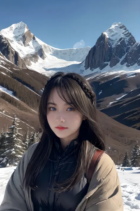 ((master piece)),best quality, illustration, dark, 1girl, In the wilderness,High mountain,Snow-capped mountains in the distance,...
