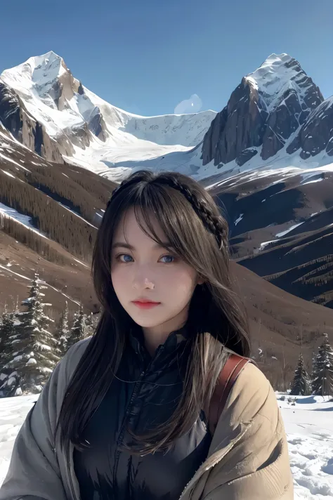 ((master piece)),best quality, illustration, dark, 1girl, in the wilderness,high mountain,snow-capped mountains in the distance,...