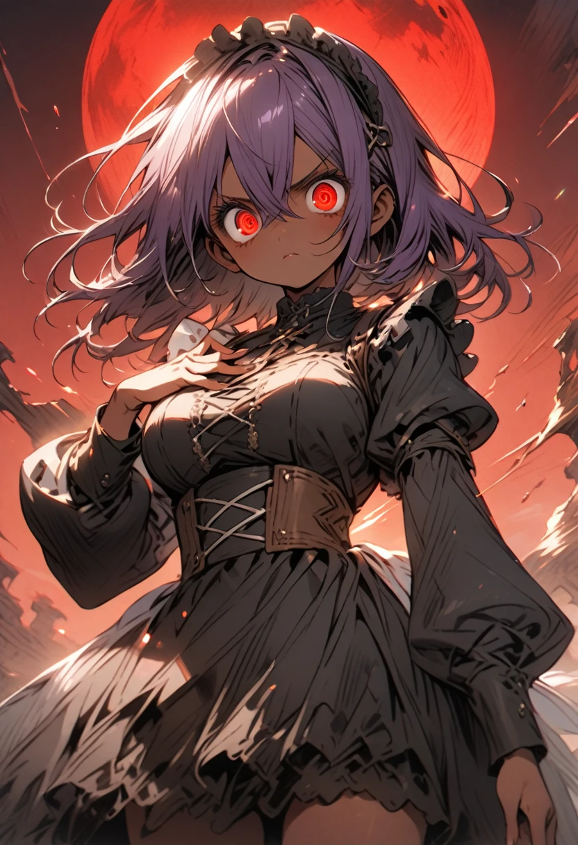 masterpiece, best quality, extremely detailed, high resolution, cowboy shot, ((no hat:1.3)), Japanese anime, 1girl, BREAK (purple colored hair:1.2), (medium hair:1.2), hairs between eyes, crossed bangs, (maid headband:1.2), hairpin, BREAK(scarlet eyes), (tareme, with eyelashes), ((beautiful detailed eyes:1.3)), with crazy eyes, glaring, expressionless, 17 -year-old ,164cm tall, glamor, large breasts, ((dark skin:1.3)), original character, fantasy, BREAK(red night, red moon, red background:1.2), ((beautiful fingers:1.3)), BREAK (standing:1.3), (hand on own chest), BREAK (brown colored corset long dress, frills, (long sleeves:1.2)), (long black boots), shoot from front, looking at viewer