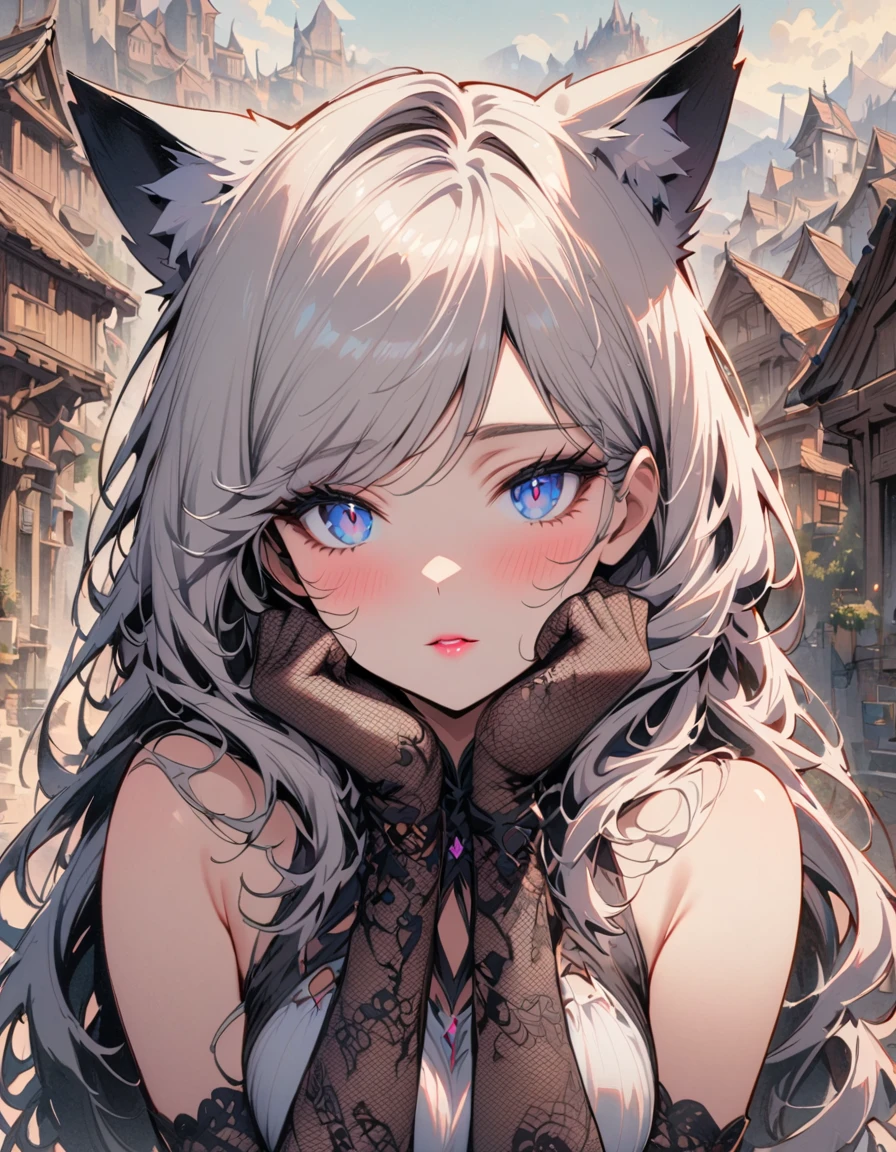 SFW, masterpiece, highres, 1 Girl, solo, standing, looking at the viewer, white long hair, cat ears, blue pupils, detailed eyes, detailed face, blushing, light pink lips, fishnet stockings, calm, intellectuals, three bangs, white fantasy short dress, lace gloves, village, mountains in the background