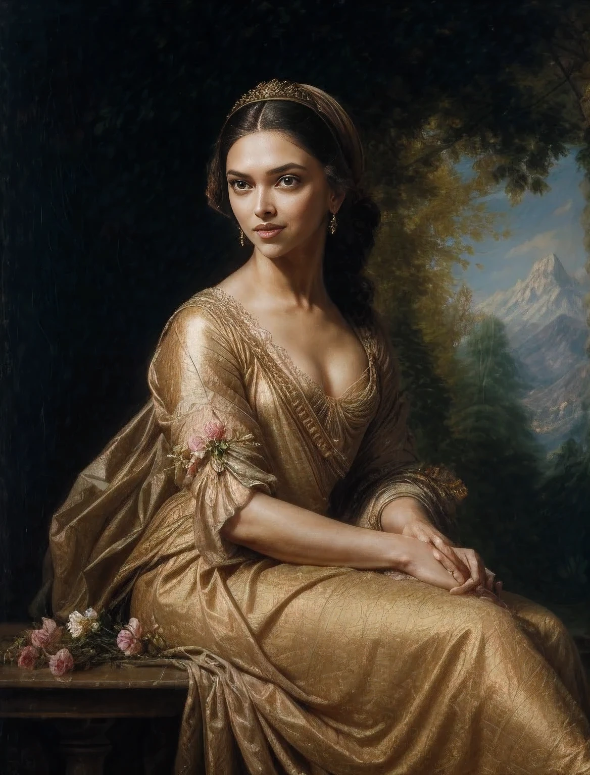 ((Deepika Padukone as Lady with flowers)), seductive smile, Masterpiece, Best quality, high clarity eyes, beautifully styled hair, critically flawless,sharp picture, detailed side, detailed skin, skin pores, Full portrait, High pixels, perfect face, perfect eyes, beautiful face, (perfect hands), (perfectly drawn fingers), in Peter Paul Rubens style, by Peter Paul Rubens, baroque style, acrylic on canvas, highly detailed, description: "Create a nymph inspired by the tales of Greek or Roman mythology, embodying the essence of a natural element or location, and possessing a unique ability or trait that sets her apart." 4k UHD, 