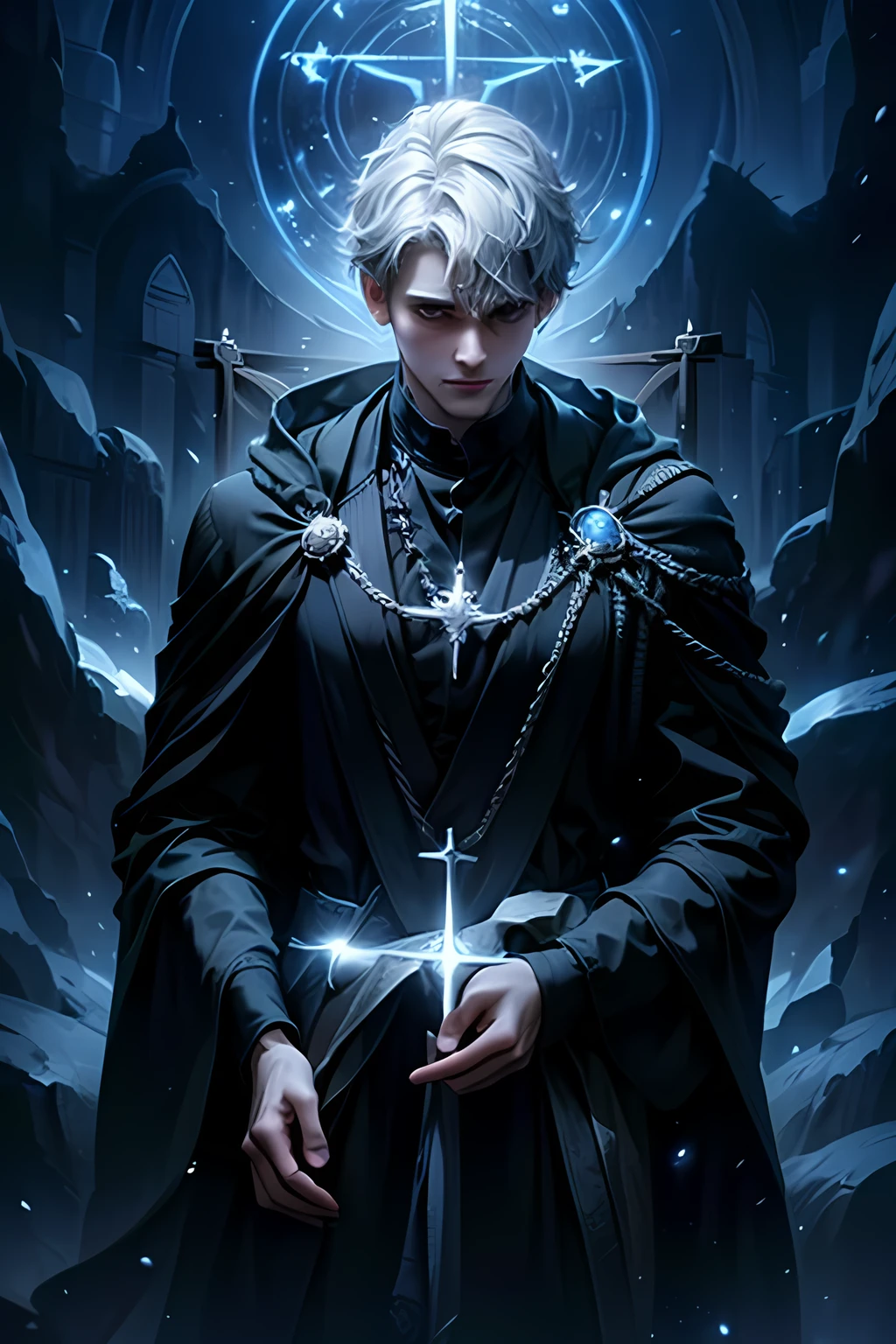 (最高品質,高解像度),
銀髪の短い28歳の男性,
エクソシスト魔術師,
19世紀のイギリス,
暗いマントを着ている,
十字架を背負う,
五芒星に囲まれた,
暗く神秘的な雰囲気の中で.