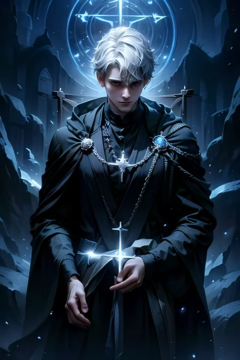 (best quality,highres),
a 28-year-old man with short silver hair,
exorcist magician,
in 19th century England,
wearing a dark clo...