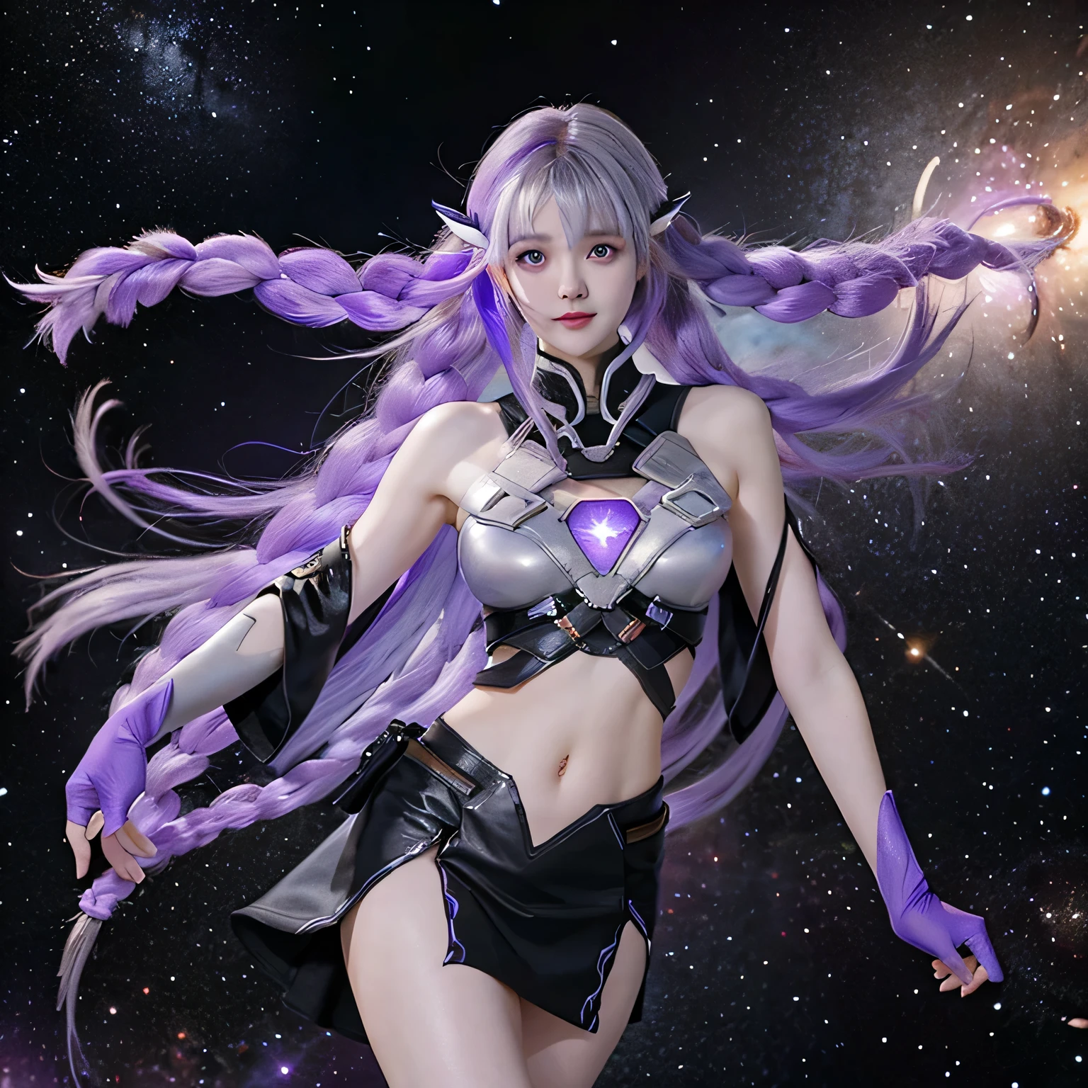 masterpiece, best quality, yinji,1girl,solo, purple eyes, long hair, twin braids, purple hair, multicolored hair, elbow gloves, bangs, very long hair,bare shoulders, black skirt, grey hair, dress, smile, side cutout,covered navel, side cutout,galaxy,star,earth \(planet\),