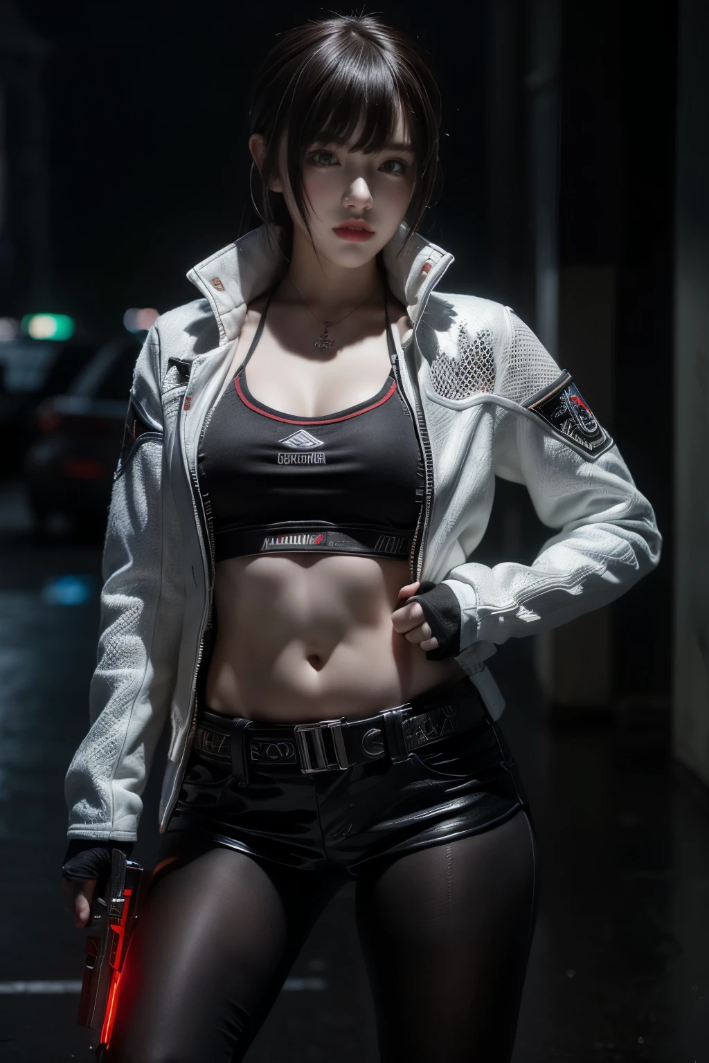 tmasterpiece,Best quality,A high resolution,8K,(Portrait photograph:1.5),(ROriginal photo),real photograph,digital photography,(Combination of cyberpunk and fantasy style),(Female soldier),20 year old girl,random hair style,By bangs,(Red eyeigchest, accessories,Redlip,(He frowned,Sneer),(Cyberpunk combined with fantasy style clothing,Openwork design,joint armor,police uniforms,White jacket,Red),exposing your navel,Photo pose,Realisticstyle,Thunder and lightning on rainy day,(Thunder magic),oc render reflection texture