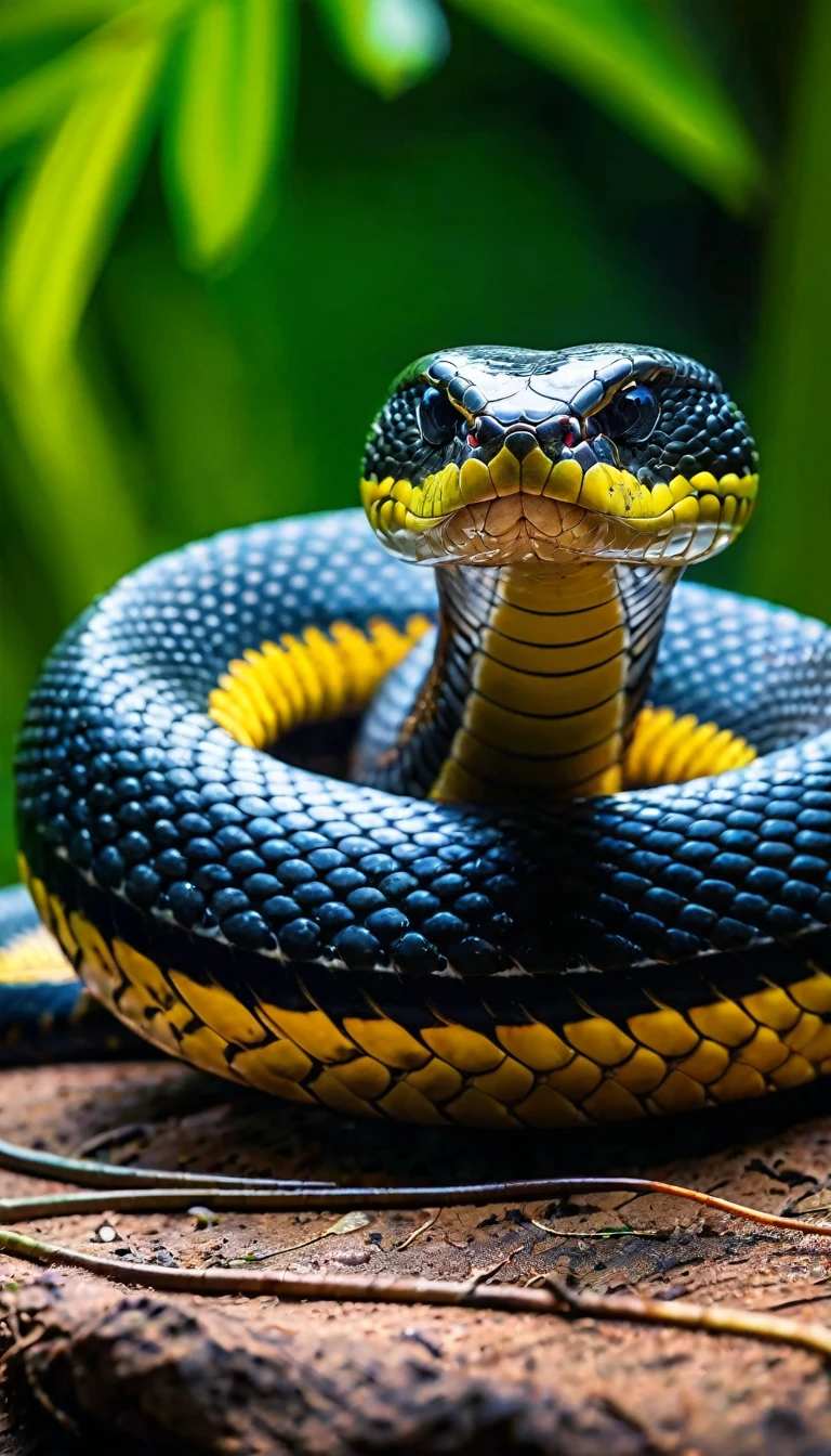 (best quality,4k,8k,highres,masterpiece:1.2), ultra-detailed, realistic, animal photography, king cobra hunting on mouse, detailed scales, coiled body, intense gaze, vibrant colors, studio lighting, nature background