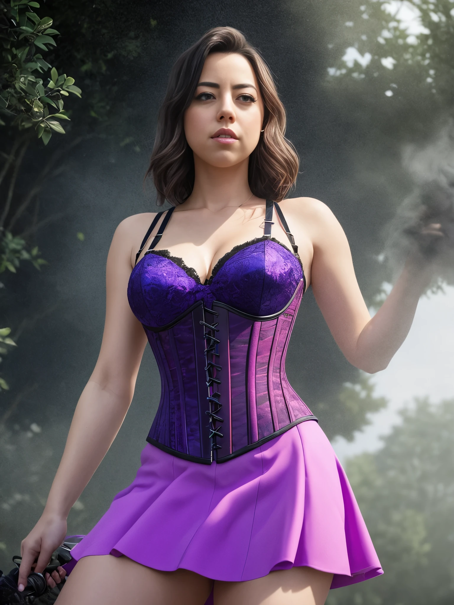 (hyper-detailed:1.4), ultra-detailed, sharp, (realistic:1.3), masterpiece, lifelike full body image of AubreyPlaza, ((wearing purple corset and pink skirt)), photo realistic, resting bitch face, frowning, highly detailed, detailed face, windswept, dramatic lighting, perfect eyes, sunlight, directional lighting, Kodachrome film used for photography, analog photography, high quality textures, The perspective is from below, emphasizing the sheer majesty and power of woman. Sensual and alluring posture. Clear blue cloudy sky. photorealistic shoot. The character is surrounded by mist, evoking a mysterious and eerie atmosphere. The lighting is dark and atmospheric, with a red smoke adding a touch of sinister ambiance. The image is of the best quality, with a resolution of 4k and HDR enhancement, showcasing the utmost level of detail and realism, ((full body shot)).