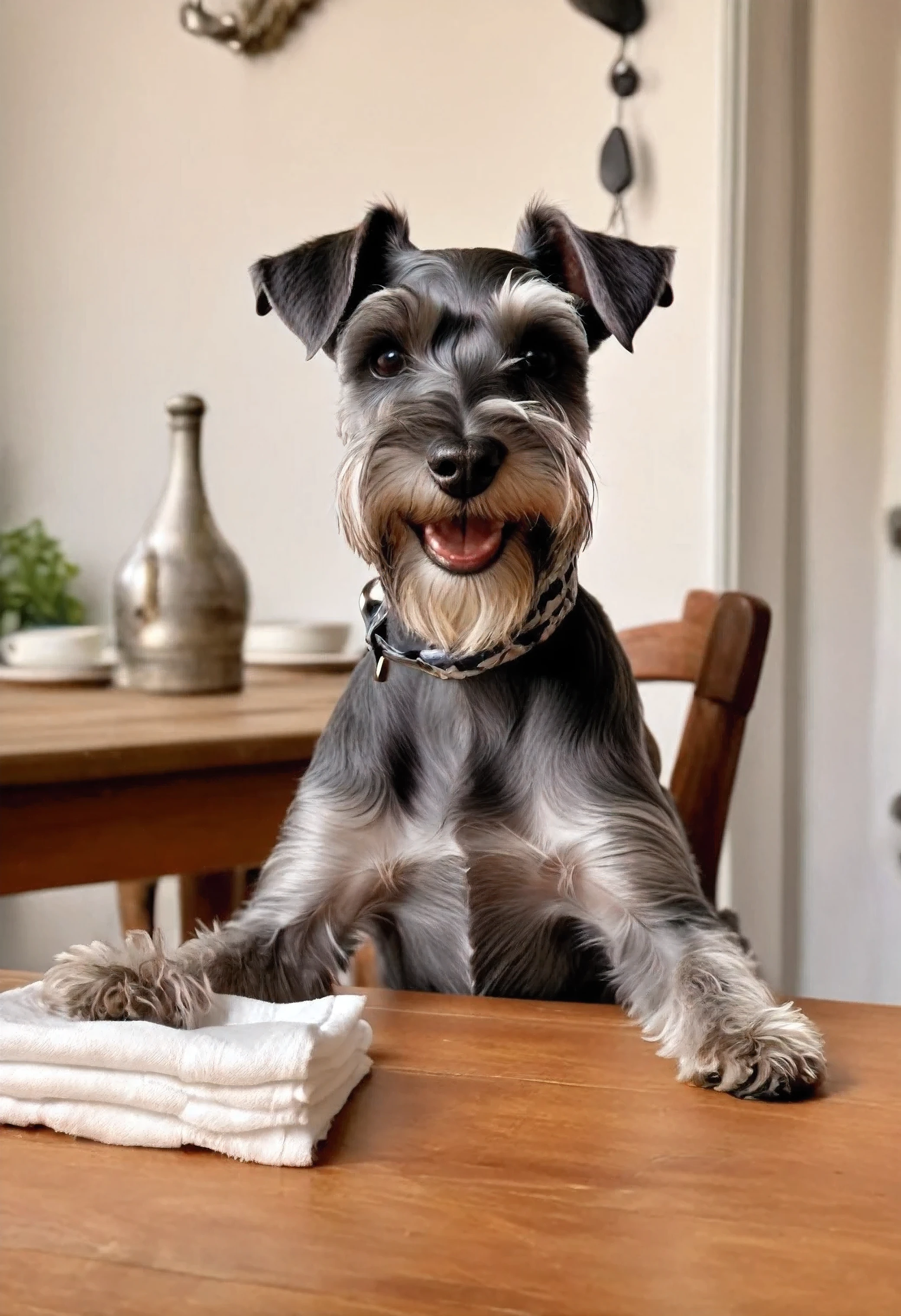 funny photo of a Miniature Schnauzer dog smiling and sitting at a table in front of a bowl with a napkin tied around its neck,Photorealism,8k rendering,naturalistic photo of an animal dog (Mittelschnauzer),