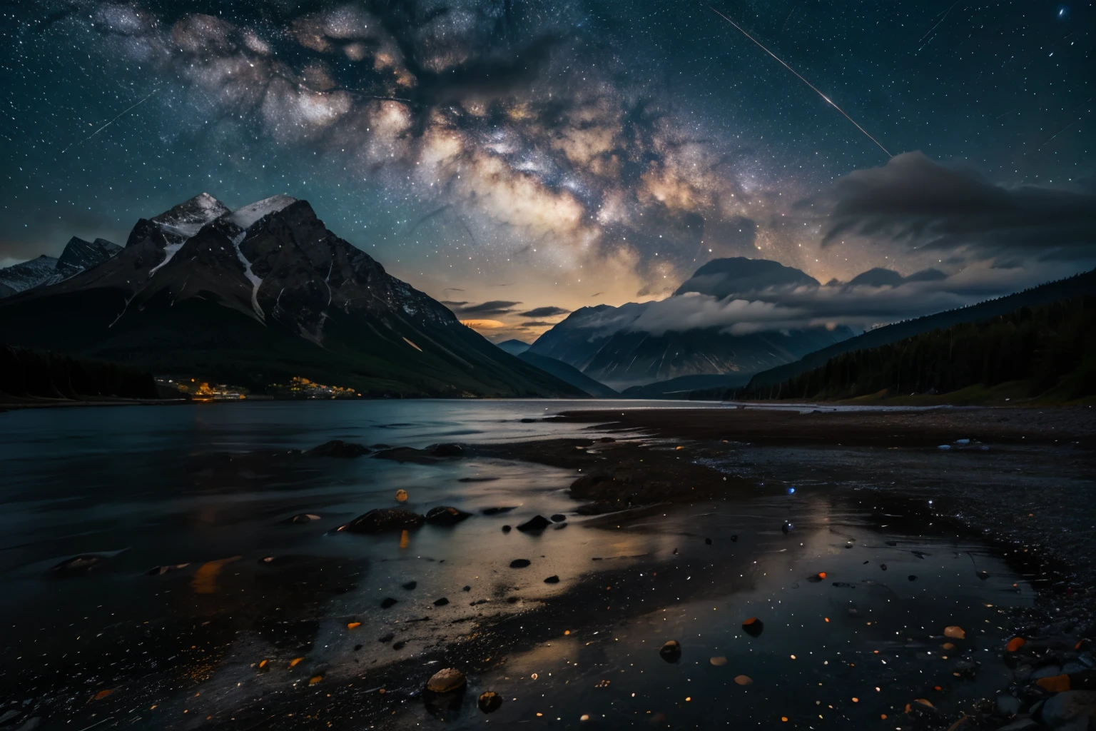 Wasser, Meer, dunkler Himmel, Regen, Berge, Sterne, Starfall, Milchstraßen
