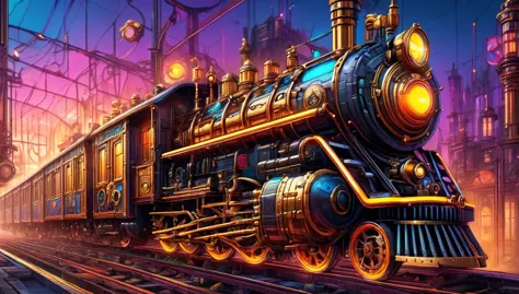 (best quality,8k,masterpiece:1.2),ultra-detailed,high-res,steampunk:1.5 steam punk train:1.5 and neon, transgressive art, sharp ...