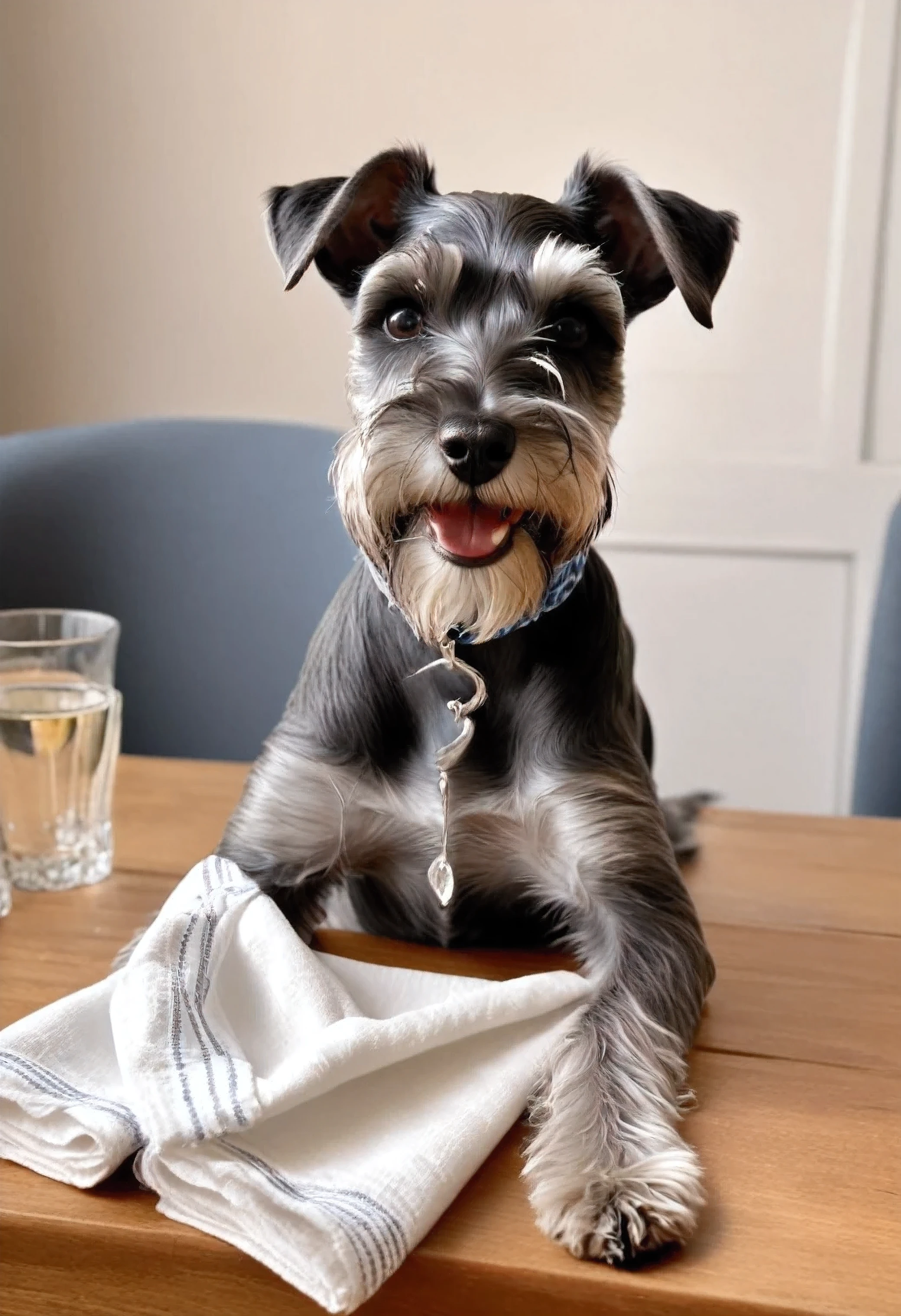 funny photo of a Miniature Schnauzer dog smiling and sitting at a table in front of a bowl with a napkin tied around its neck,Photorealism,8k rendering,naturalistic photo of an animal dog (Mittelschnauzer),