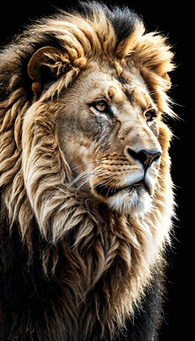 (best quality,4k,highres,masterpiece:1.2),ultra-detailed,(realistic:1.37),animal photography,(black and white photography:1.5), close-up profile of lion's head, huge majestic lion,king of animals,looking into the distance,strong black and white tones,monochrome,striking contrast,sharp focus,powerful presence,detail of feline anatomy,dramatic lighting,regal expression,texture of lion's fur,imposing stature,piercing gaze,ferocious majesty,feral wilderness,serene wilderness scene in background,mysterious aura