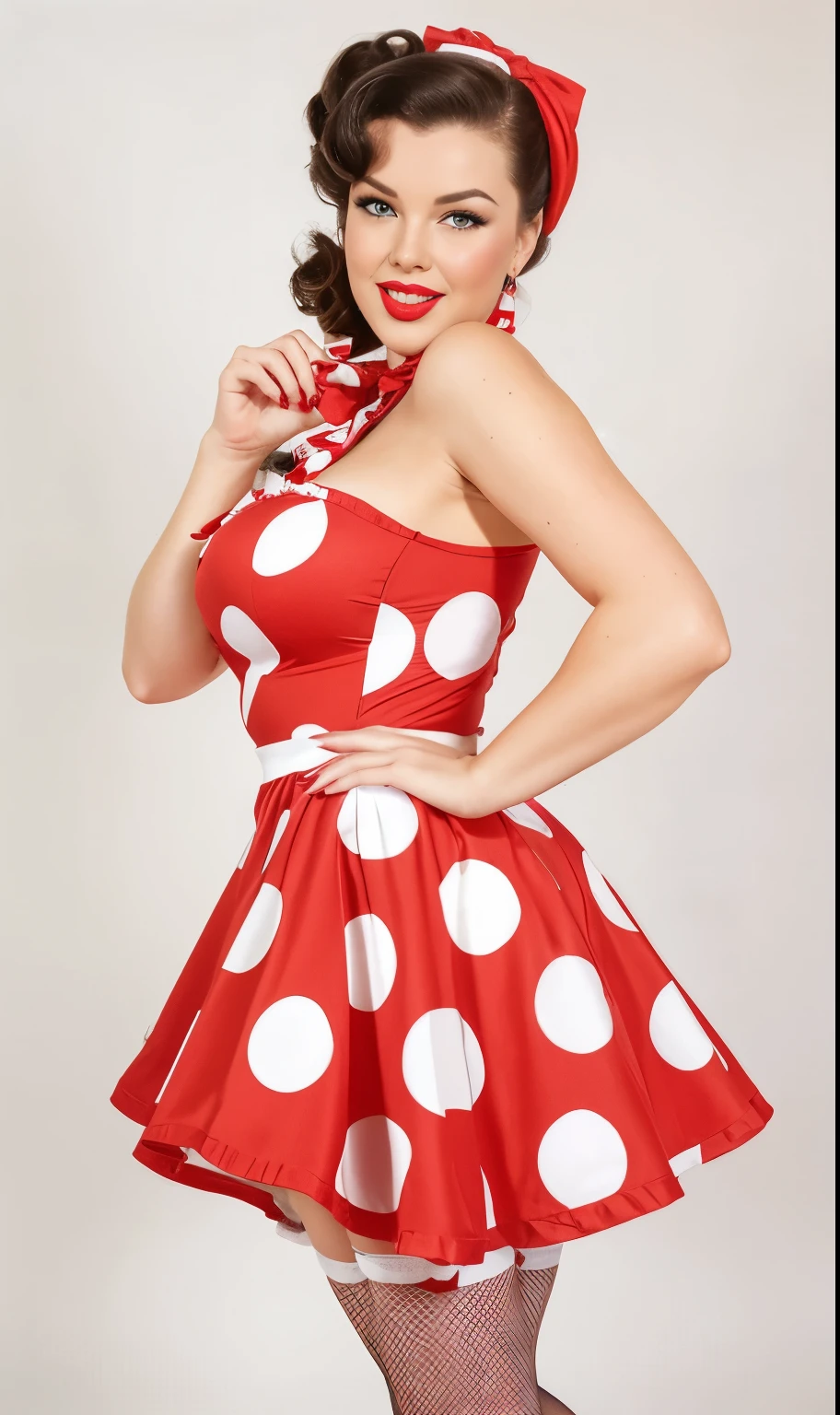 A woman in a red polka dot dress and red bow tie - SeaArt AI