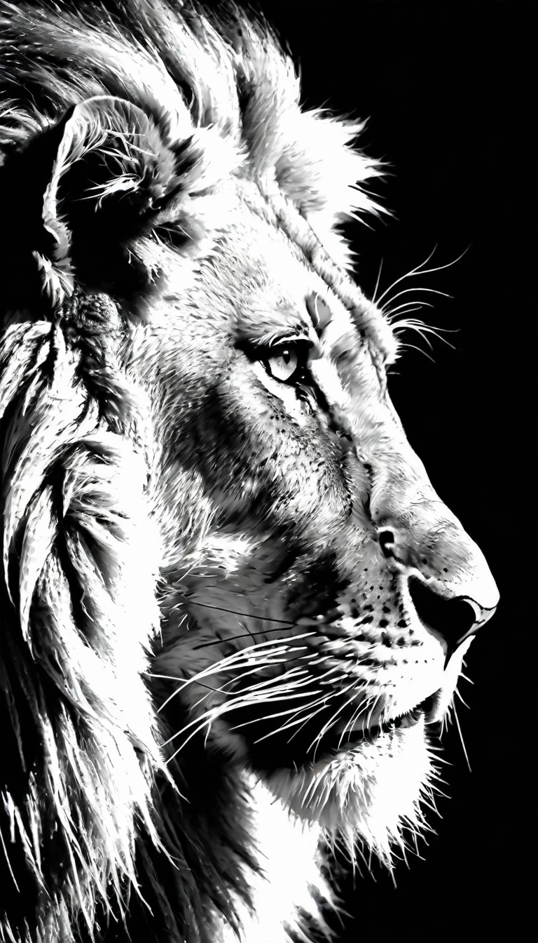 (best quality,4k,highres,masterpiece:1.2),ultra-detailed,(realistic:1.37),animal photography,(black and white photography:1.5), close-up profile of lion's head, huge majestic lion,king of animals,looking into the distance,strong black and white tones,monochrome,striking contrast,sharp focus,powerful presence,detail of feline anatomy,dramatic lighting,regal expression,texture of lion's fur,imposing stature,piercing gaze,ferocious majesty,feral wilderness,serene wilderness scene in background,mysterious aura