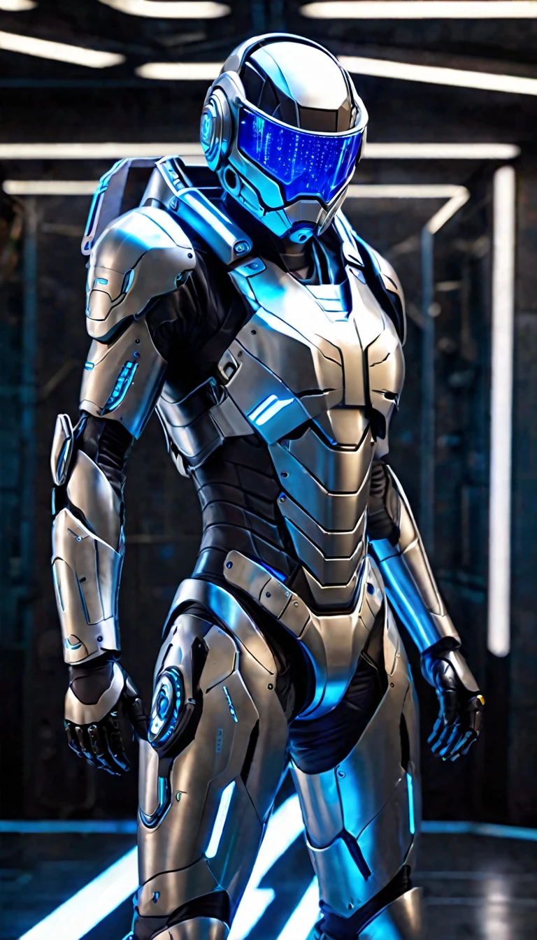 The image depicts a futuristic humanoid figure clad in advanced protective gear. The suit is predominantly silver with blue accents, suggesting a high-tech and possibly armored design. The helmet features a visor with a glowing blue light, which could indicate advanced vision enhancement or communication systems. The figure is holding a device with a glowing blue screen, which might be a tool or weapon, further emphasizing the advanced technology theme. The background is dark and industrial, hinting at a setting that could be a laboratory or a battlefield of the future. The overall impression is one of advanced technology and human enhancement, possibly in the context of a science fiction narrative or a vision of future military or exploration equipment.