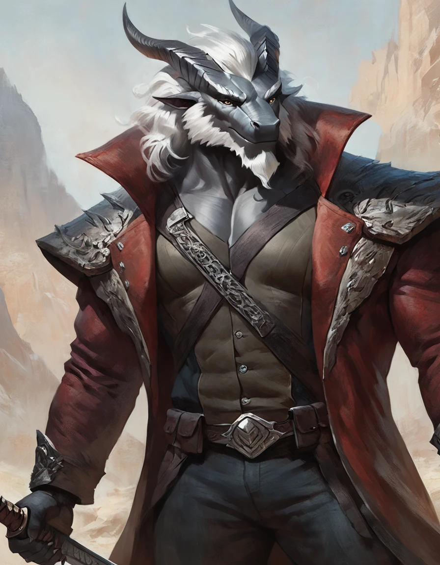 male anthro dragon, maned, concept art, masterpiece, high quality, pants, longcoat, gunbreaker outfit, pose, dilf body, dark grey body, white hair, strong eyes, handsome, beard, sword, detailed scales, closeup