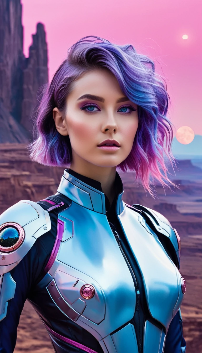 The image portrays a young woman with striking features, set against a backdrop of a futuristic landscape. Her hair, a blend of pink and purple hues, cascades down her shoulders, adding a touch of whimsy to her appearance. Her eyes, a mesmerizing shade of blue, seem to hold a world of secrets.

She is adorned in a suit that is a harmonious blend of pink and blue, with a hint of black, suggesting a fusion of technology and style. The suit is not just a fashion statement but also a functional piece of armor, equipped with a chest piece that has a circular emblem, possibly indicating a rank or status within her society.

The backdrop is a breathtaking view of a planet, with a clear sky and a distant moon, hinting at a setting beyond Earth. The overall composition of the image suggests a narrative of a journey through the cosmos, with the woman as the protagonist. The image is a testament to the intersection of art and science fiction, capturing the essence of a futuristic world in a single frame.