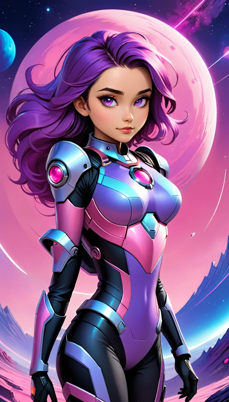The image portrays a young woman with striking features, set against a backdrop of a futuristic landscape. Her hair, a blend of pink and purple hues, cascades down her shoulders, adding a touch of whimsy to her appearance. Her eyes, a mesmerizing shade of blue, seem to hold a world of secrets.

She is adorned in a suit that is a harmonious blend of pink and blue, with a hint of black, suggesting a fusion of technology and style. The suit is not just a fashion statement but also a functional piece of armor, equipped with a chest piece that has a circular emblem, possibly indicating a rank or status within her society.

The backdrop is a breathtaking view of a planet, with a clear sky and a distant moon, hinting at a setting beyond Earth. The overall composition of the image suggests a narrative of a journey through the cosmos, with the woman as the protagonist. The image is a testament to the intersection of art and science fiction, capturing the essence of a futuristic world in a single frame.