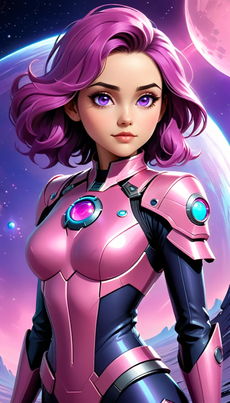 The image portrays a young woman with striking features, set against a backdrop of a futuristic landscape. Her hair, a blend of pink and purple hues, cascades down her shoulders, adding a touch of whimsy to her appearance. Her eyes, a mesmerizing shade of blue, seem to hold a world of secrets.

She is adorned in a suit that is a harmonious blend of pink and blue, with a hint of black, suggesting a fusion of technology and style. The suit is not just a fashion statement but also a functional piece of armor, equipped with a chest piece that has a circular emblem, possibly indicating a rank or status within her society.

The backdrop is a breathtaking view of a planet, with a clear sky and a distant moon, hinting at a setting beyond Earth. The overall composition of the image suggests a narrative of a journey through the cosmos, with the woman as the protagonist. The image is a testament to the intersection of art and science fiction, capturing the essence of a futuristic world in a single frame.