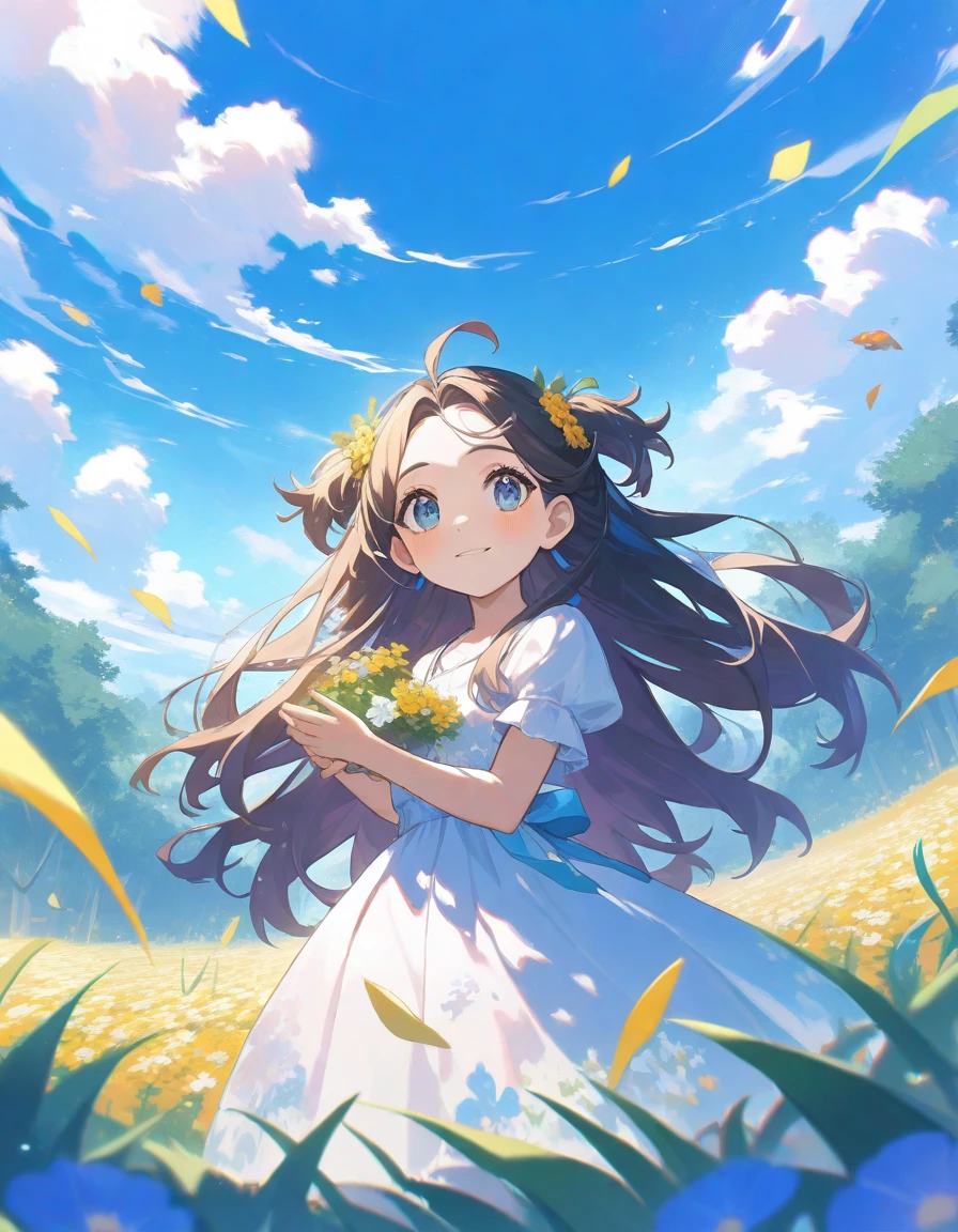 1 girl, of 16, long orange hair red glitter, blue eyes, in white dress, stop in a field of yellow flowers, White clouds, blue sky, forest in the background, thoughtfully looks to the side, sideways, depth of field