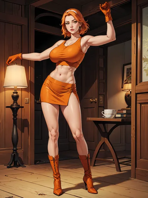 Full body, realistic, (1 beautiful woman, solo: 1.1), big breasts, orange hair, orange crop top, orange skirt, orange gloves, or...