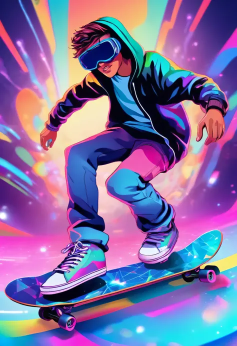 young skater in a hoodie doing tricks on a skateboard, large vr glasses, on his face, from the front, virtual reality, touching ...