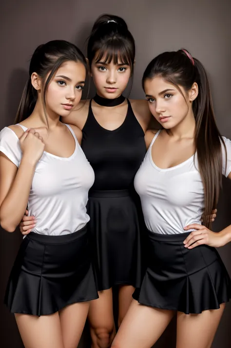 fine art portrait of a  twins young13yo girls posing together close together whit big breasted long ponytail  hair  ponytail blackhair  hair back tight skirts black tights black nylons  , girls school grey t-shirt whit v-neck tights are waist-length, they ...