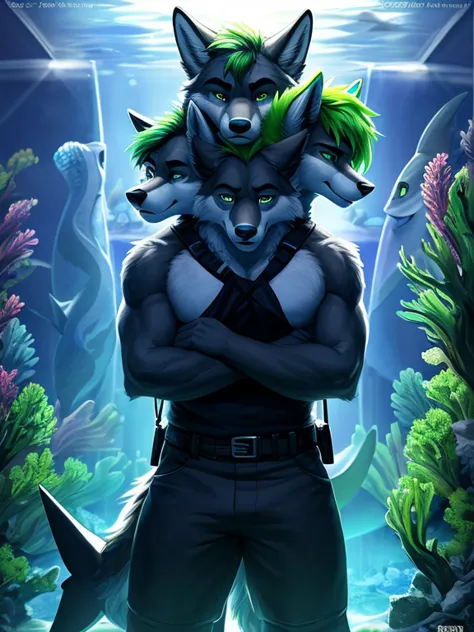 , (((danny a grey, black, and white anthropomorphic male wolf in the aquarium with a lot of fish and a shark standing next to ce...