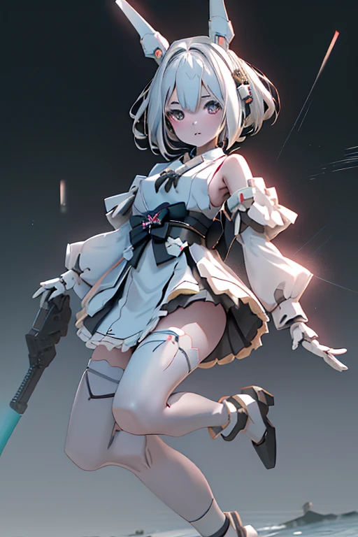 (highest quality)), ((masterpiece)), (Very detailed: 1.3), 3D, {(Young girl)}, Wearing a white frilly Gothic Lolita outfit, (She is fused with a Gundam mecha from the future....), With headgear, With V-fin , Armored Shoulders,Armament, Armor at the feet, Multi-layer texture perfect ratio, Octane Rendering, Duotone Lighting, Low ISO, wide aperture, White balance, Three-part method, Ultra HD 16k, High resolution (High Dynamic Range), Ray Tracing, NVIDIA, Super Resolution, Scattered beneath the surface of the water, PBR Texturing, Post-processing, Anisotropic Filtering, Written boundary depth, Maximum clarity and sharpness, Highly efficient subpixels, Subpixel Convolution, Particles of light, Scattered Light, Tyndall effect, whole body:1.5, Combat pose, cute, (cute:1.2), (Bobcut:1.3),Braiding, Black Hair, Thick eyebrows, Pale-colored iris, big, Bright black eyes, Long eyelashes, small, Bright colors, Natural lips, (The average face of a Japanese idol), (日本人特有のBaby Face:1.3), (Baby Face), Wide forehead:1.2, Plump Cheeks, small jaw, Visible side boob, (Has a huge weapon:1.5), fly in the sky、Ascending flight,View your audience,Focus on the eyes , (Four perfect fingers, One thumb),