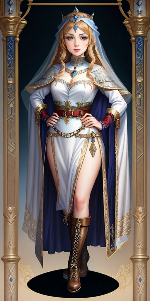 ((white background)) full body of a woman in a dress with a veil, feet together, standing feet together, military boots, beautiful fantasy maiden slave warrior, beautiful fantasy art portrait, fantasy Victorian art, medieval fantasy art, beautiful and elegant queen, portrait of queen of light, fantasy portrait art, gothic fantasy art, a beautiful fantasy empress, hands on hips