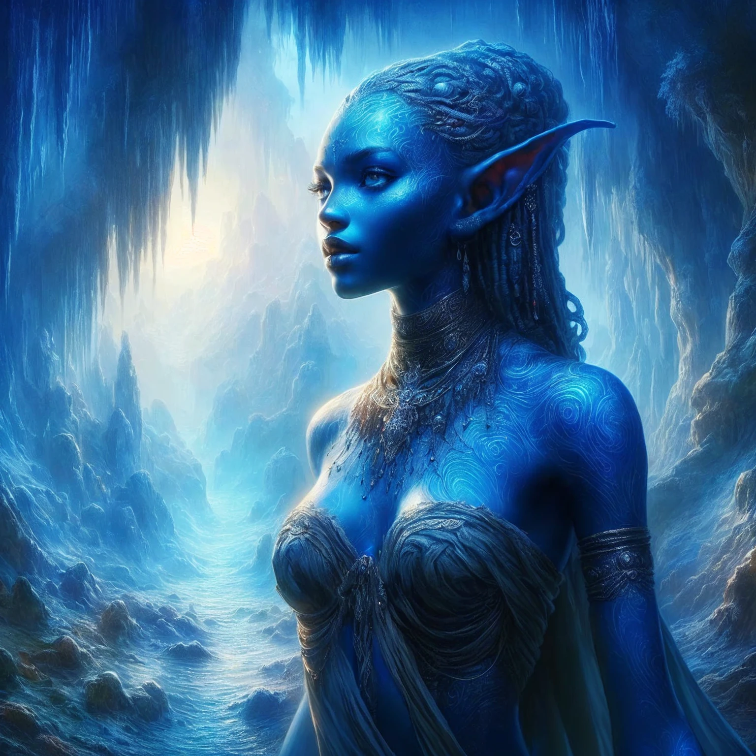 eine Nahaufnahme einer Frau mit blauer Haut und Schmuck, Blue-skinned elf, Blaue Elfe, 4K-Fantasy-Kunst, beautiful avatar pictures, detailed Fantasie digitale Kunst, Elf mit blauer Haut, detailed matte fantasy portrait, portrait of an elf queen, epic fantasy art portrait, Portrait of a very beautiful elf, epic Fantasie digitale Kunst style, Fantasie digitale Kunst, 8k Fantasy-Kunst