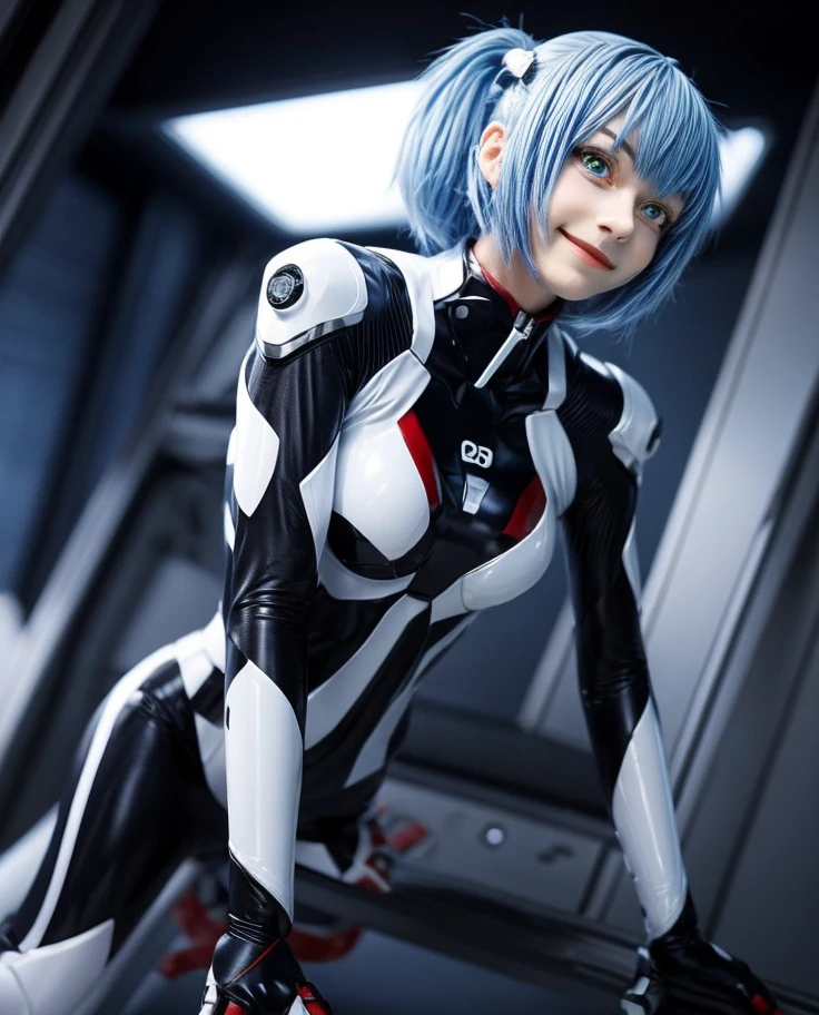 masterpiece, highest quality, 8k, Detailed skin texture, High-quality fabric, beautiful detailed face, Intricate details, Very detailed, Portrait of Rei Ayanami, Blue Hair, Red eyes, Looking into the distance, No background, Evangelion Wearing a Plug Suit when riding, Plug Suit, The whole body is visible, Are standing, Arms crossed, 15 years old, beautiful, cute, Great style, smile,The whole body is visible構図,