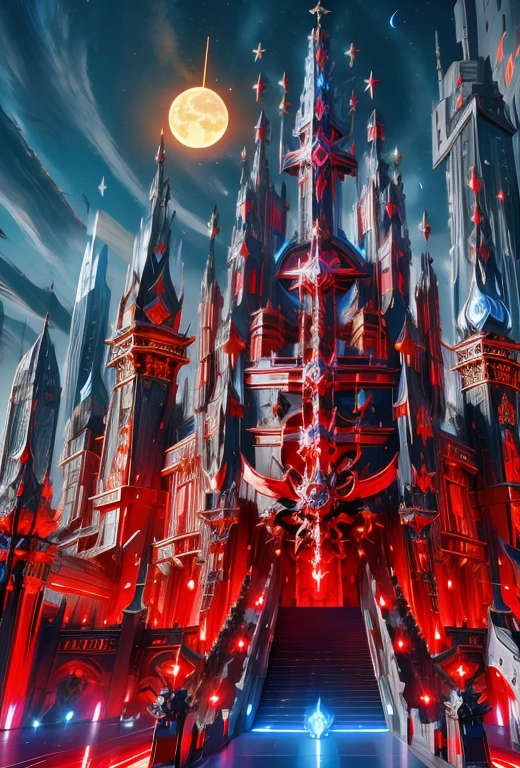 Palacess, cyberpunked palace skycraper fortress,holy swords themed decourations, aggressive  design, blue and red colors, black night sky, futuristic  city, 8k uhd, ultra realistic, ultra detailed, ((photorealistic, masterpiece)), giant holy sword in top of it