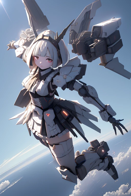 (highest quality)), ((masterpiece)), (Very detailed: 1.3), 3D, {(Young girl)}, Wearing a white frilly Gothic Lolita outfit, (She is fused with a Gundam mecha from the future....), With headgear, With V-fin , Armored Shoulders,Armament, Armor at the feet, Multi-layer texture perfect ratio, Octane Rendering, Duotone Lighting, Low ISO, wide aperture, White balance, Three-part method, Ultra HD 16k, High resolution (High Dynamic Range), Ray Tracing, NVIDIA, Super Resolution, Scattered beneath the surface of the water, PBR Texturing, Post-processing, Anisotropic Filtering, Written boundary depth, Maximum clarity and sharpness, Highly efficient subpixels, Subpixel Convolution, Particles of light, Scattered Light, Tyndall effect, whole body:1.5, Combat pose, cute, (cute:1.2), (Bobcut:1.3),Braiding, Black Hair, Thick eyebrows, Pale-colored iris, big, Bright black eyes, Long eyelashes, small, Bright colors, Natural lips, (The average face of a Japanese idol), (日本人特有のBaby Face:1.3), (Baby Face), Wide forehead:1.2, Plump Cheeks, small jaw, Visible side boob, (Has a huge weapon:1.5), fly in the sky、((((Flying high in the sky)))),View your audience,Focus on the eyes , (Four perfect fingers, One thumb),