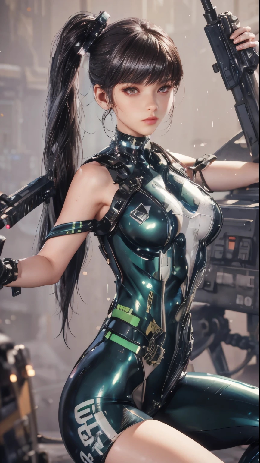 Da ist eine Frau in einem Latex-Outfit, die eine Waffe hält, Vorabend, stellar blade, mechanisiertes Soldatenmädchen, perfektes Android-Mädchen, m4 sopmod ii girls frontline, Mädchen in Mecha-Cyber-Rüstung, 3D-Rendering von Charakteren 8 k, gynoider Cyborg-Körper, rüstung mädchen, cyberpunk 2 0 y. o Modell Mädchen, android heroine, Nahaufnahme Charakter, oben ohne, rosa Brustwarzen