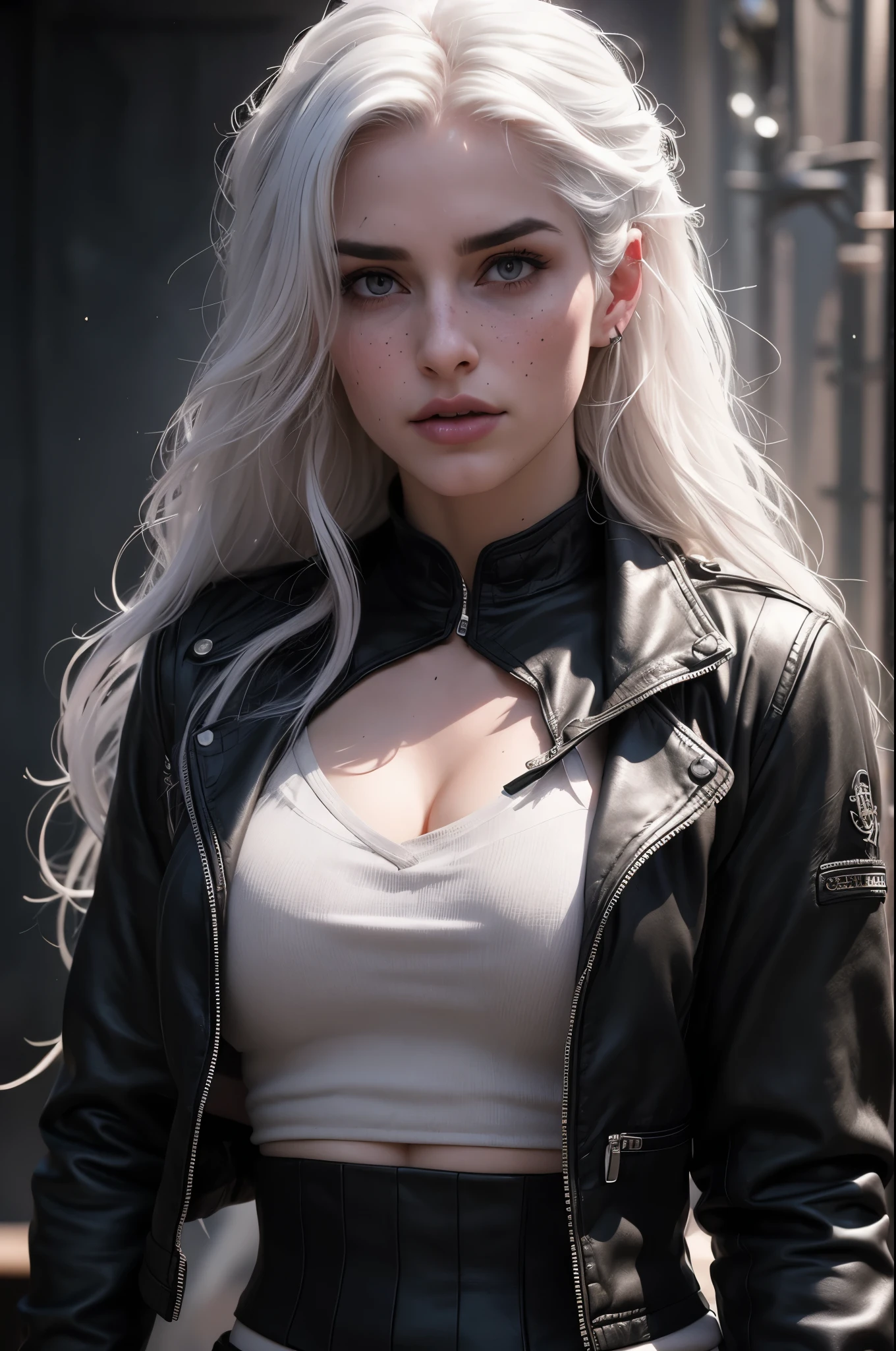 beautiful with long white hair and violet eyes like constellations, parecida com a yennefer do jogo the witcher, athletic body, She wears a black leather jacket and sweatpants..., your face is stained with blood and freckles, Your skin is white, and his expression is angry