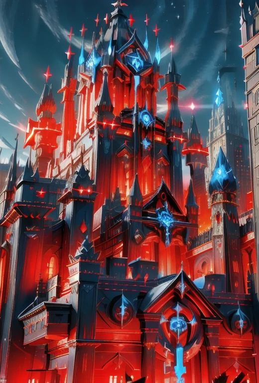 Palacess, cyberpunked palace skycraper fortress,holy swords themed decourations, aggressive  design, blue and red colors, black night sky, futuristic  city, 8k uhd, ultra realistic, ultra detailed, ((photorealistic, masterpiece)), giant holy sword in top of it