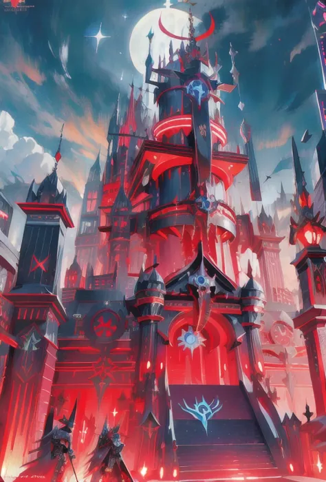 palacess, cyberpunked palace skycraper fortress,holy swords themed decourations, aggressive  design, blue and red colors, black ...