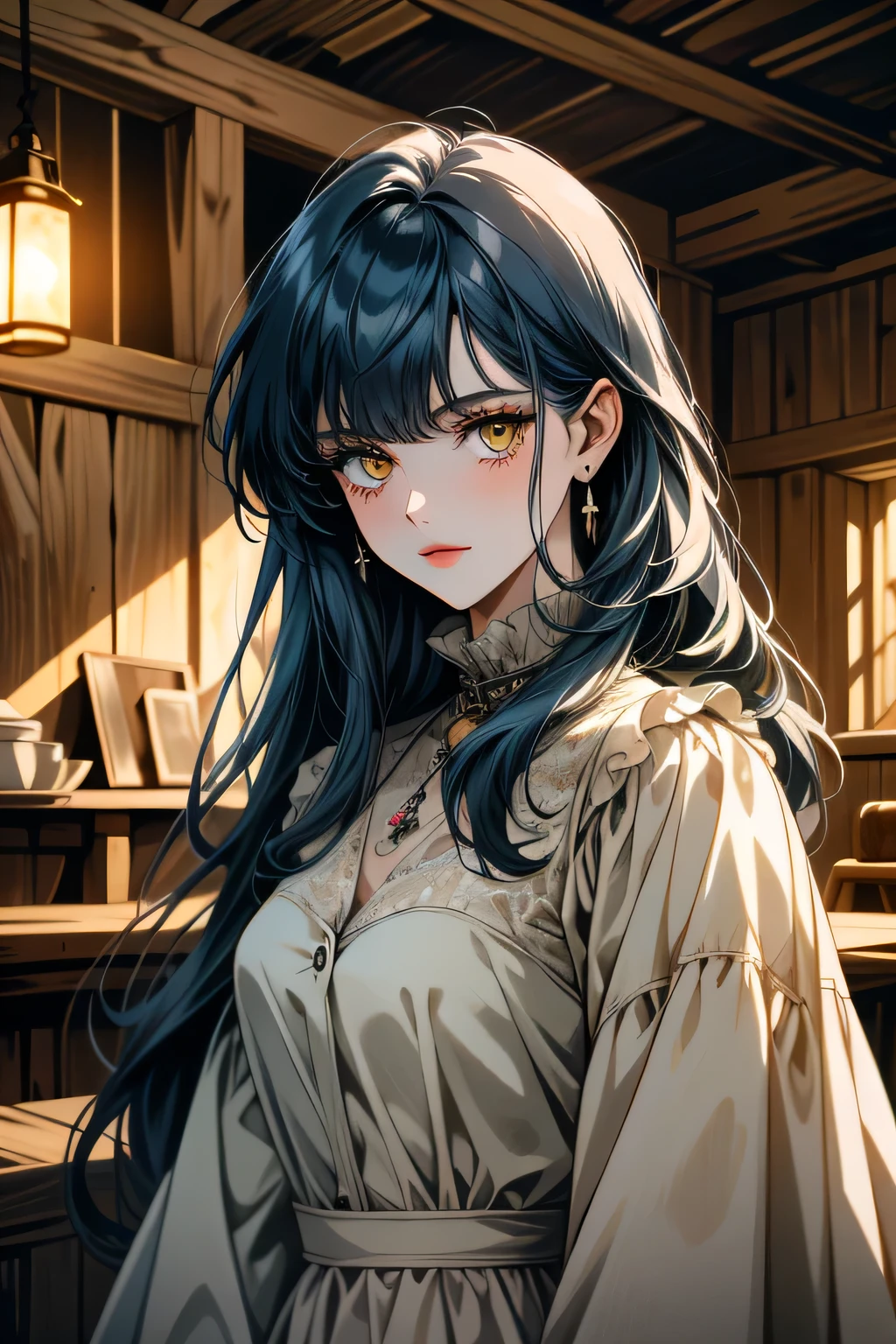 ((ultra detailed, masterpiece, absurdres))
TKNLili, 1girl, solo, long hair, bangs, dark blue hair, yellow eyes, Rustic barn interior, weathered wood, antique tools, warm barn lighting