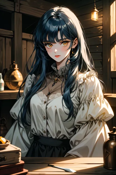 ((ultra detailed, masterpiece, absurdres))
tknlili, 1girl, solo, long hair, bangs, dark blue hair, yellow eyes, rustic barn inte...