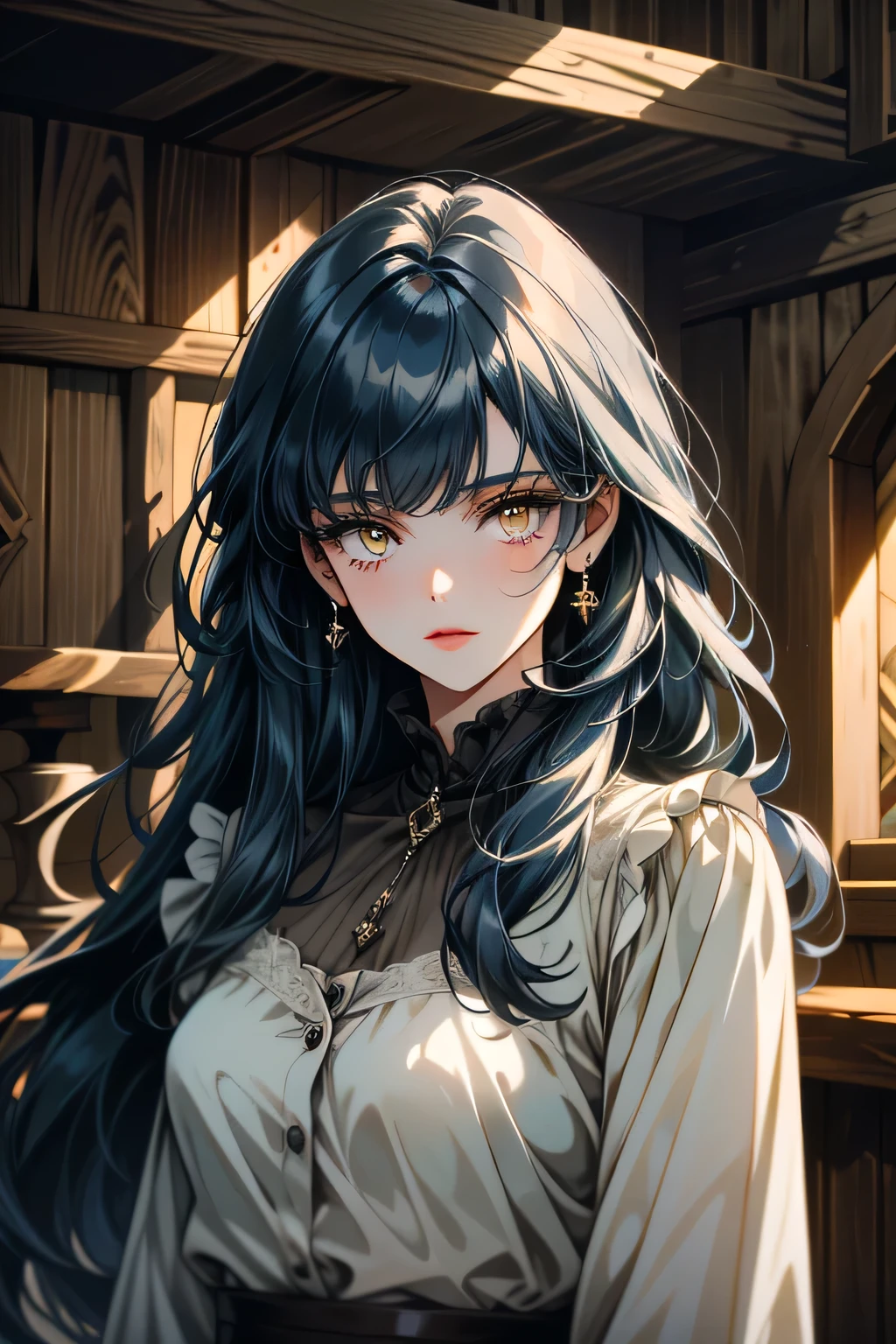 ((ultra detailed, masterpiece, absurdres))
TKNLili, 1girl, solo, long hair, bangs, dark blue hair, yellow eyes, Rustic barn interior, weathered wood, antique tools, warm barn lighting