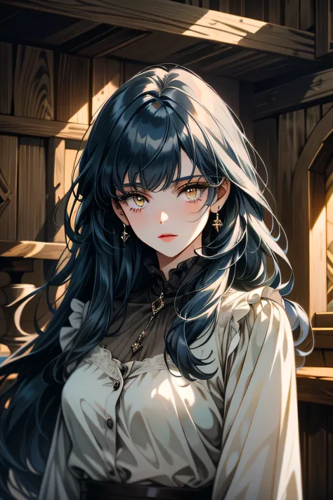 ((ultra detailed, masterpiece, absurdres))
tknlili, 1girl, solo, long hair, bangs, dark blue hair, yellow eyes, rustic barn inte...