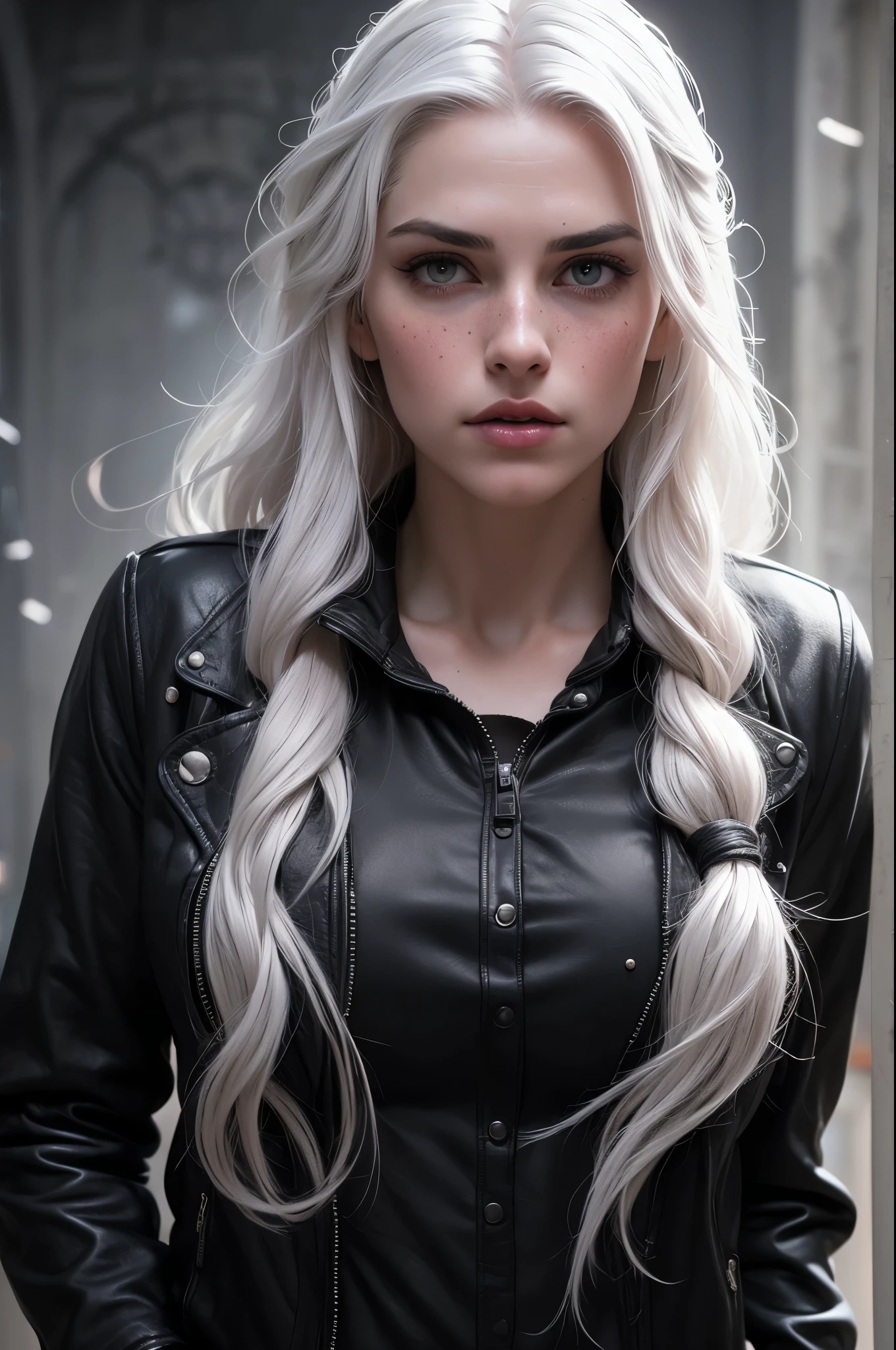 beautiful with long white hair and violet eyes like constellations, parecida com a yennefer do jogo the witcher, athletic body, She wears a black leather jacket and sweatpants..., your face is stained with blood and freckles, Your skin is white, and his expression is angry