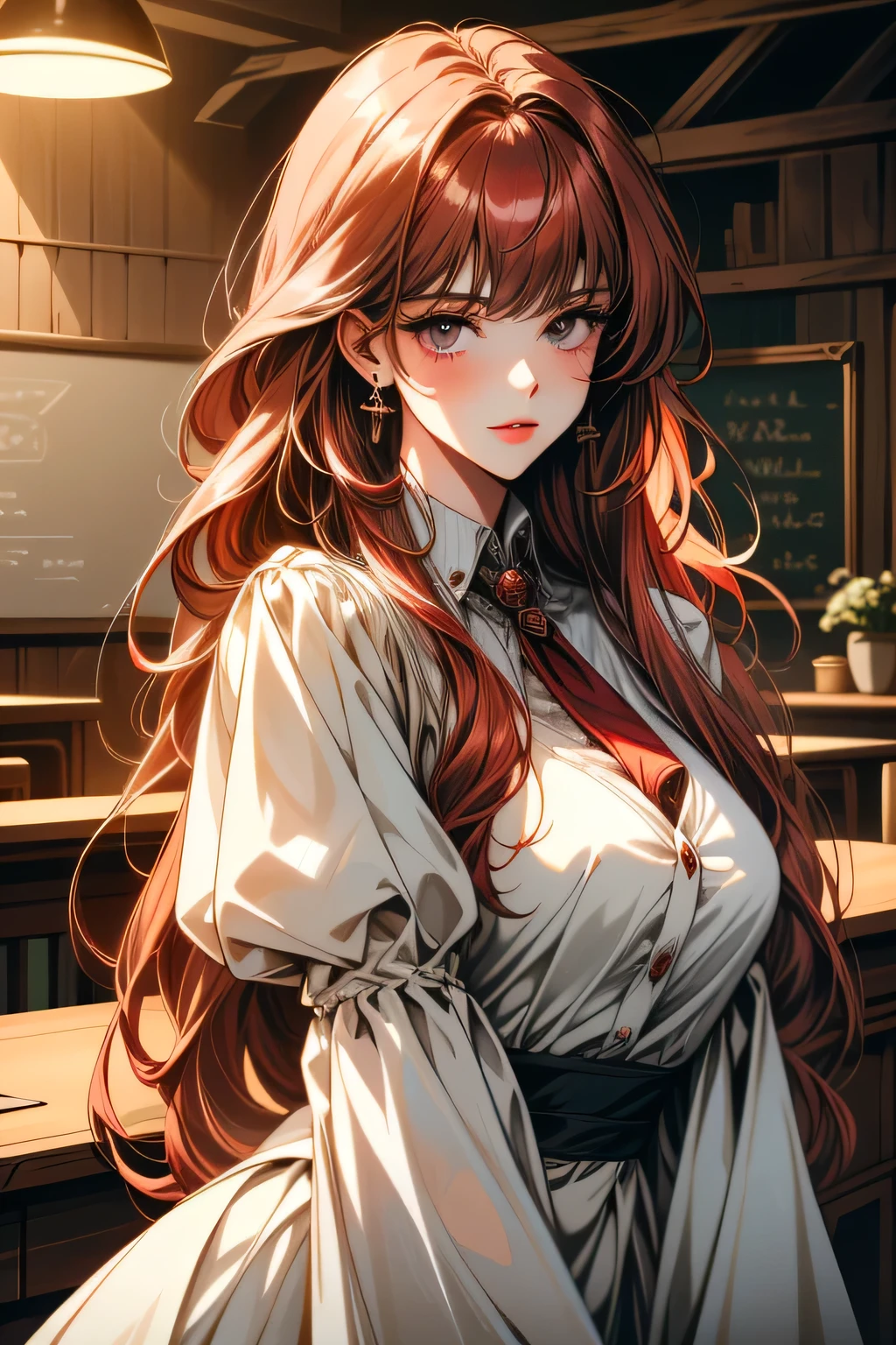 ((ultra detailed, masterpiece, absurdres))
TKNLili, 1girl, sexy teacher, 30 years old, solo, long hair, bangs, red hair, office interior, innocently seductive vive, antique tools, warm barn lighting