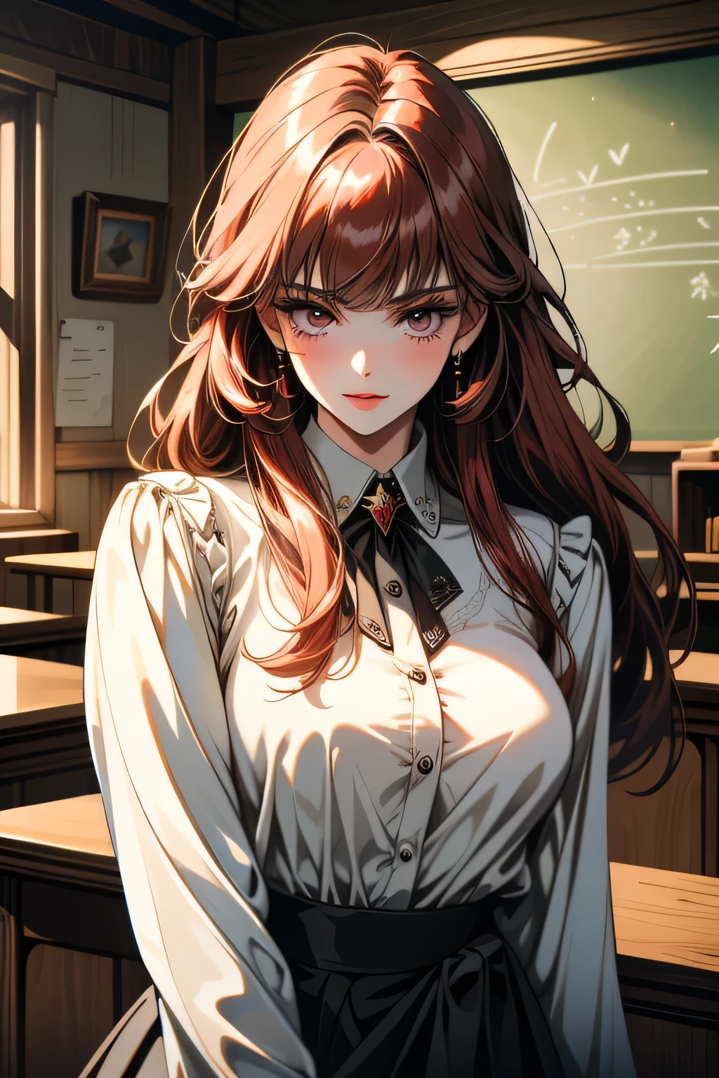 ((ultra detailed, masterpiece, absurdres))
TKNLili, 1girl, sexy teacher, 30 years old, solo, long hair, bangs, red hair, office interior, innocently seductive vive, antique tools, warm barn lighting