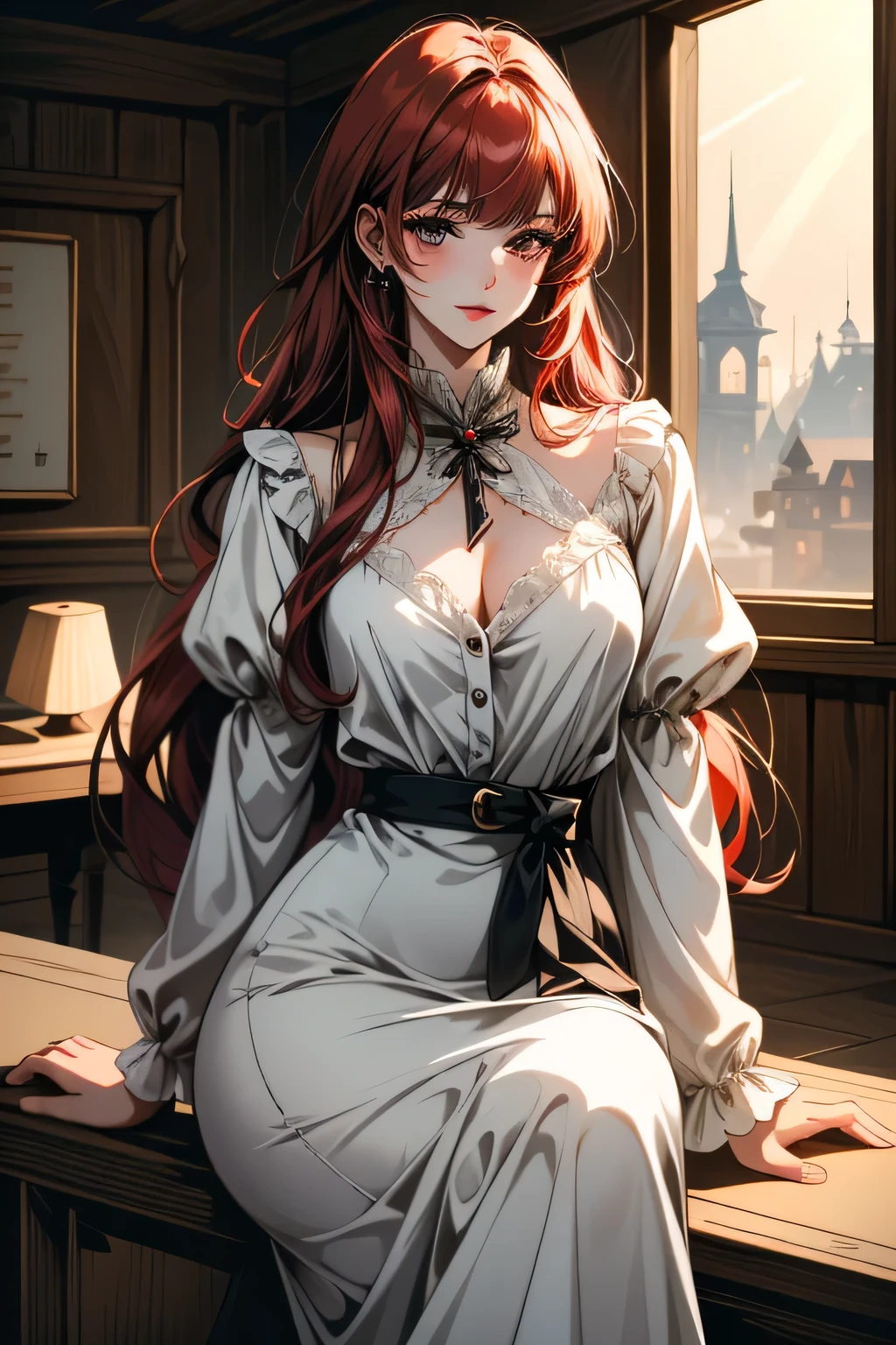 ((ultra detailed, masterpiece, absurdres))
TKNLili, 1girl, sexy teacher, 30 years old, solo, long hair, bangs, red hair, office interior, innocently seductive vive, antique tools, warm barn lighting