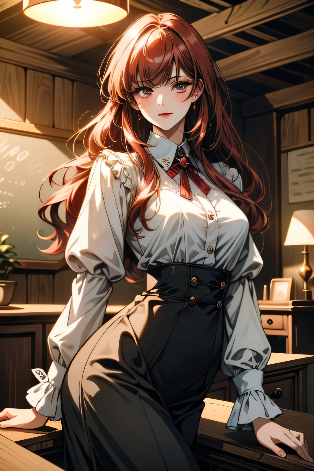 ((ultra detailed, masterpiece, absurdres))
TKNLili, 1girl, sexy teacher, 30 years old, solo, long hair, bangs, red hair, office interior, innocently seductive vive, antique tools, warm barn lighting