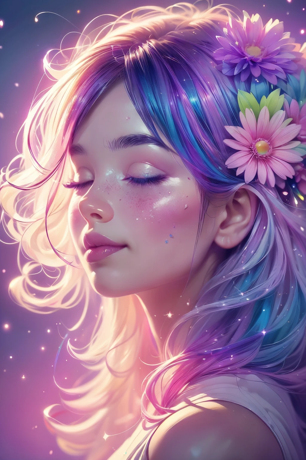 (This is a beautiful rainbow fantasy image that feels interesting and emphasizes glitter and iridescence.) Generate a ((blind)) curvy woman with colorful curly hair and milky white eyes. Her face is important and is perfectly formed with puffy lips and perfect features. (Her eyes are critically important and are (blank) and (solid white)). The image exudes ethereal beauty and soft fantasy. Include sweet and detailed birds and soft, luminous flowers in all the colors of the rainbow. The image's background is decorated in shades of pink, shimmer, glitter, and fantasy details like colored bubbles and cosmos. Utilize dynamic composition to create a compelling and action-packed image. Dramatic lighting and cinematic lighting enhance the woman's beauty and the soft colors in the artwork. (((((Perspective: head on.))))) Include fantasy, cute, colorful, colourful, interesting magic background, ((((blank eyes)))), ((((empty white eyes)))), (shirome eyes:1.3), (smirking), (perfectly rendered solid whiteeyes), ((birthmark on lip)), ((pretty lips)), beautiful background, complex background, sweet background, (((rainbow)))